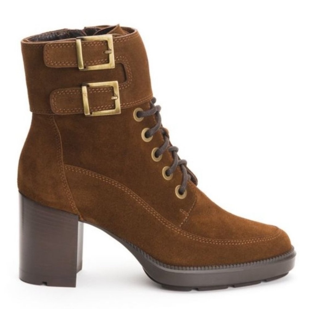 NEW AQUATALIA 6 IRENE Chestnut Brown Suede Lace-Up Buckle Platform Ankle Boots